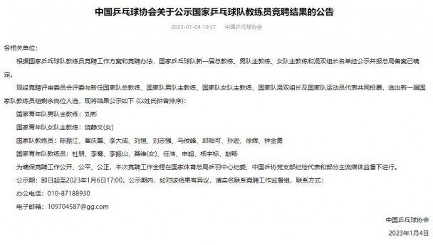 中国乒协发布关于公示国家乒乓球队教练员竞聘结果的公告